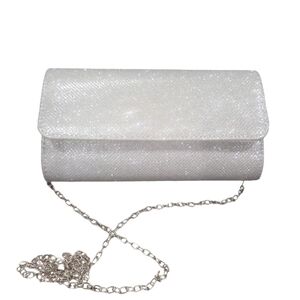Silver Sparkling Glitter Envelope Evening Bag Long Chain Strap